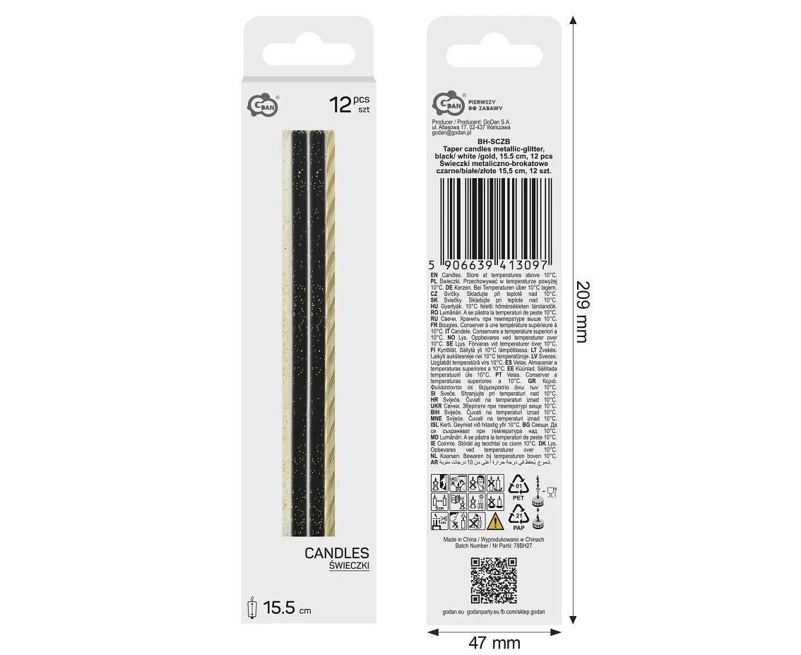 Świeczki metaliczno-brokatowe czarne/białe/złote 15,5 cm, 12 szt.
